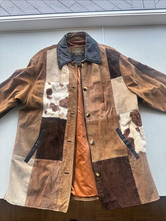 Express Jackets & Blazers - Vintage Express Patchwork Suede Leather Cow Print Coat Y2K Western Boho Size Med